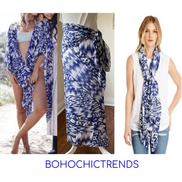 Michael Stars Blue & White Patterned Wrap Shall Skirt, One Size - Picture 1 of 15